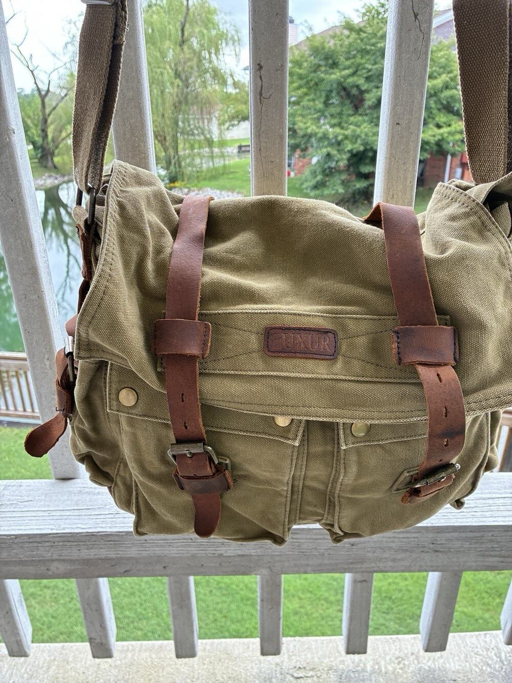 Luxur Thick Canvas & Leather Messenger Bag Vintage Design Brass Accents